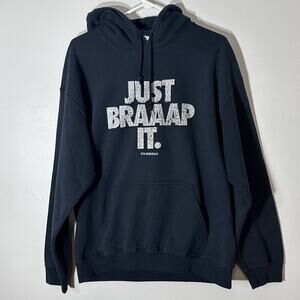 Vintage Y2K Just Braaap It Black Hoodie Size L Dirt Bike Snowmobile Engine Rev